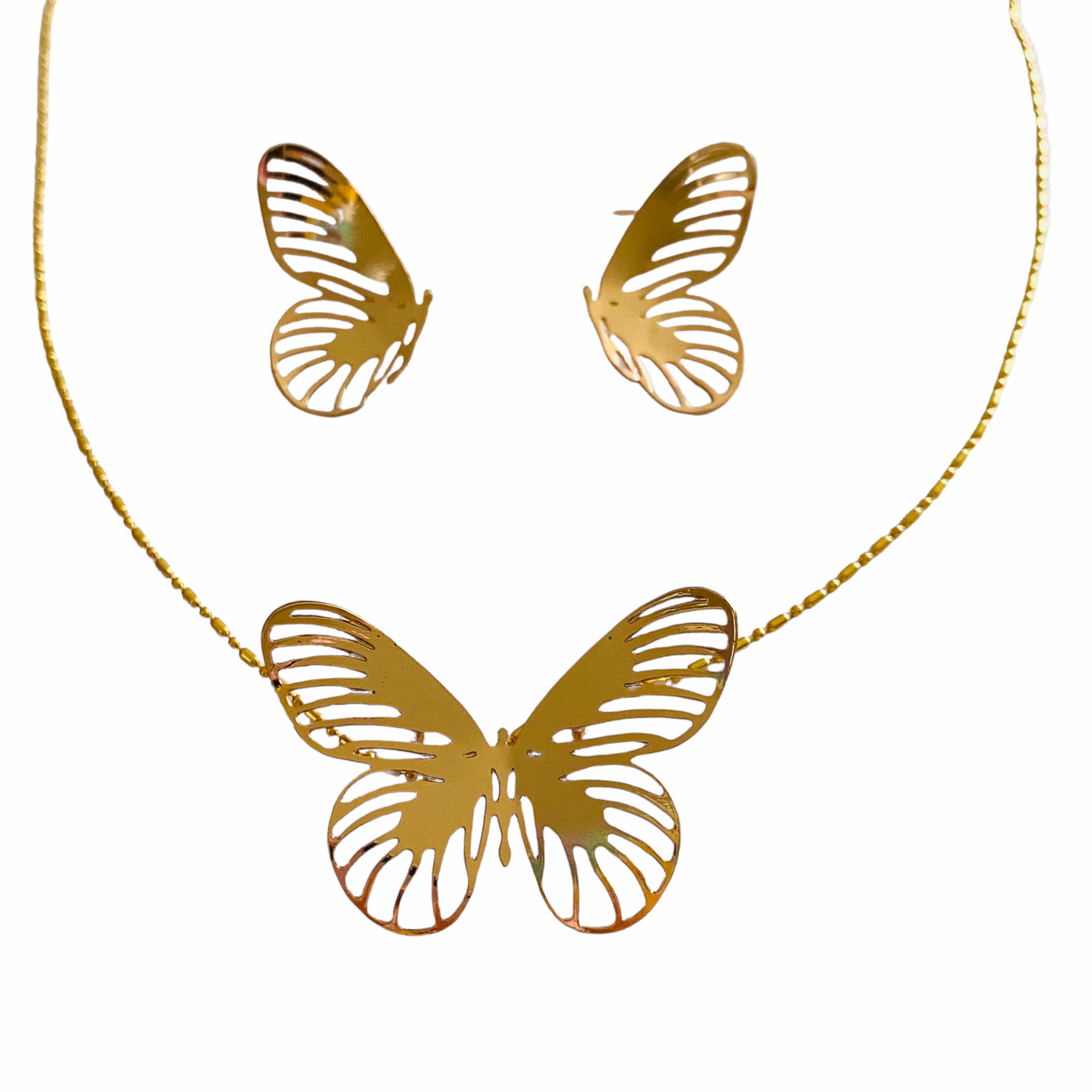 Set Dorado Aretes y Collar Mariposas Ligera - Bambú Rosa Joyas y Accesorios 